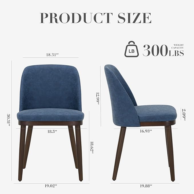 COLAMY Upholstered Dining Chairs Set of 2, Modern Kitchen Chairs with Back, Leather Side Dining Room Chairs with Wood Legs for Kitchen Dining Room Restaurant, Blue