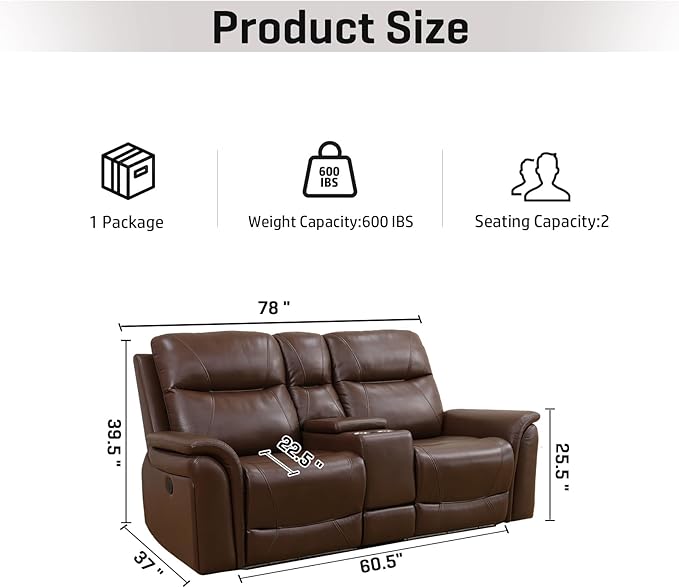 Nicbex PU Leather Power Wall Hugger Chair Double Reclining Sectional Sofa 2-Seater Loveseat Couch with Center Storage Console, USB Port, Cup Holders and Ambient LED Light for Living Room RV Theater