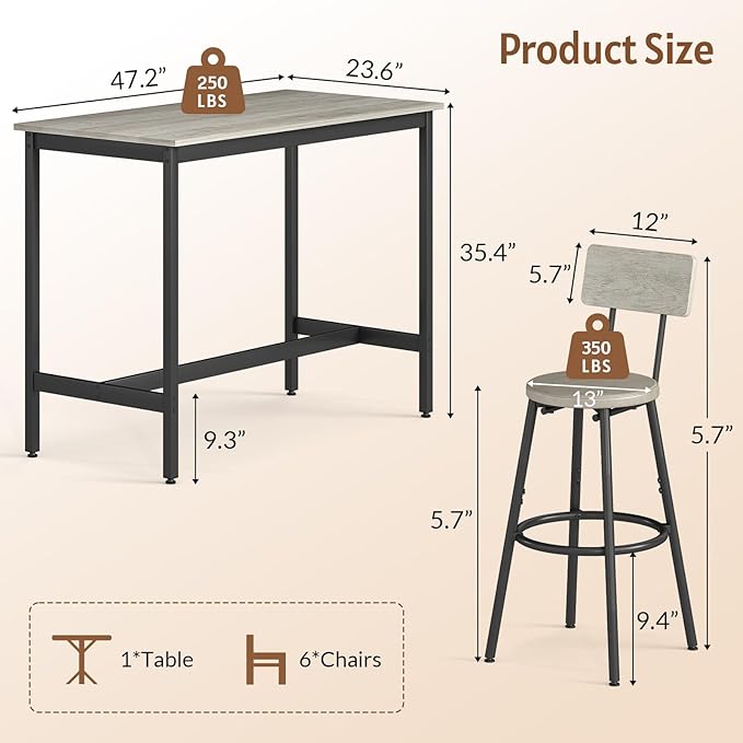 Rovibek Dining Table Set for 6, Bar Table and Chairs Set, Modern 6 Piece High Top Table and Chairs, Industrial Bar Height Pub Tables for Kitchen, Dining Room, Grey