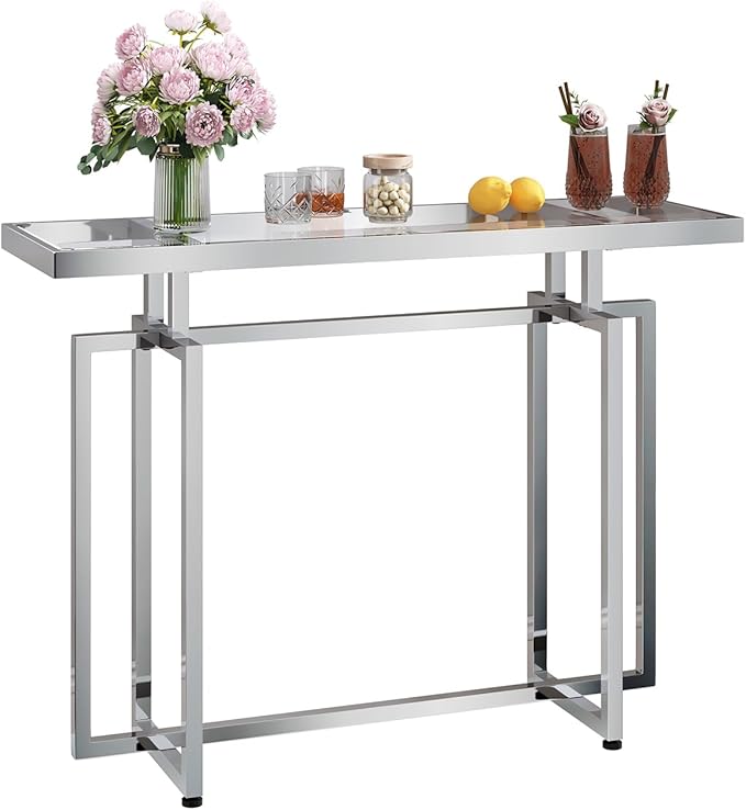 ASYA Glass Console Table for Entryway, Modern Entryway Table with Tempered Glass & Chrome Frame, Silver Sofa Table for Living Room Hallway