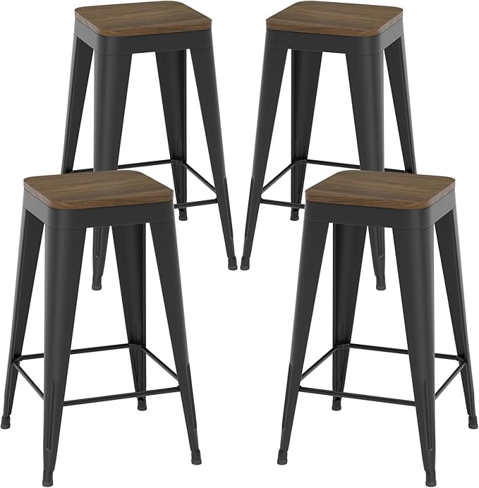 26 inch Backless Bar Stools Set of 4, Indoor Metal Bar Stools with Wood Seat, Industrial Counter Height Barstools for Kitchen Island, Black