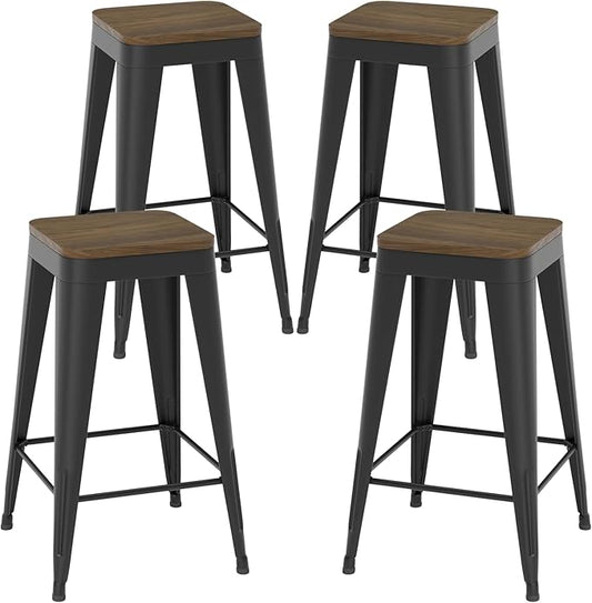 26 inch Backless Bar Stools Set of 4, Indoor Metal Bar Stools with Wood Seat, Industrial Counter Height Barstools for Kitchen Island, Black