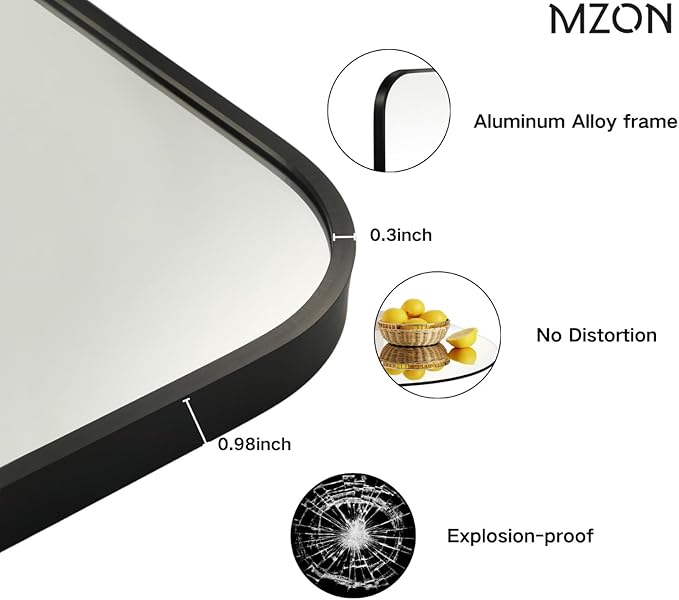 MZON 24x36 Inch Matte Black Bathroom Mirror, Rounded Rectangle Mirror for Living Room or Bathroom, Anti-Rust Frame & Tempered Glass, Horizontal/Vertical Mount - Luxe & Modern Home Decor