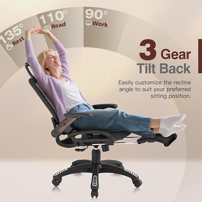 GABRYLLY Ergonomic Office Chair with Footrest, High Back Mesh Computer Chair with Flip-Up Arm, 3D Headrest, 135° Reclining, Rolling Gaming Task Chair with Wide Seat Lumbar Support,400LBS