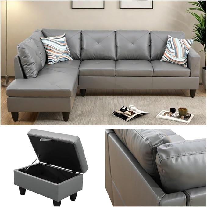 NAYSAYE L Shaped Couch, Leather Modular Sectional Couch with Ottoman Storage, Modern Lounge Sofa Convertible Sectional Couches for Living Room, Apartment, Dark Grey