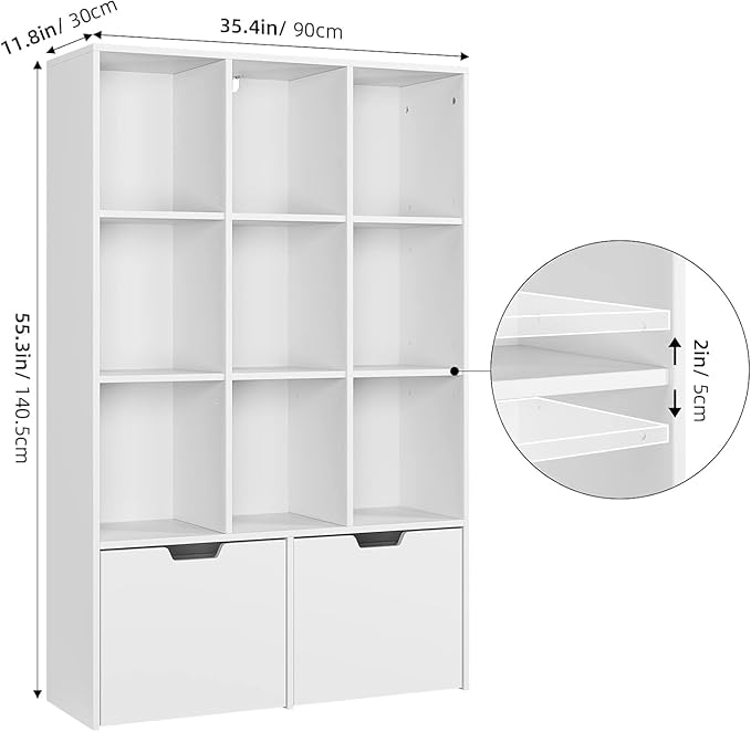 GarveeHome 55 Inches Tall Bookcase with 2 Drawers, Open Storage Bookshelf with 4 Tier Adjustable Shelves, Large Open Book Cabinet Standing for Home Office, White