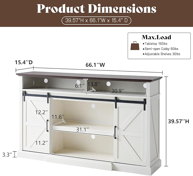 66" Farmhouse TV Stand for 75 Inch TVs, 40" Tall Entertainment Centere with Sliding Barn Doors, Rustic Media Console Table Storage Cabinet with Adjustable Shelves, Living Room, Antique White