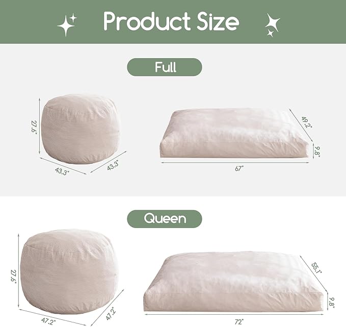 HIGOGOGO Giant Bean Bag Chair Bed for Adults,Convertible Beanbag Folds from Lazy Chair to Floor Mattress Bed,Large Floor Sofa Couch for Adult,Couples,Family, Machine Washable, Beige