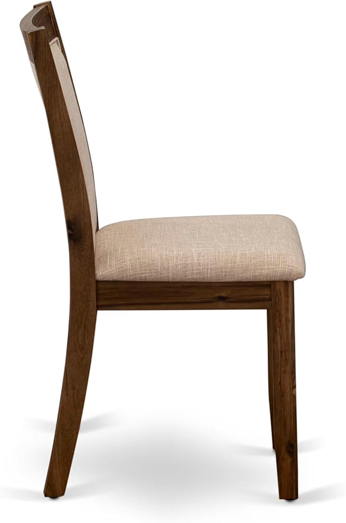 I7MZ5-50N-04 5-Pc Dining Room Set Includes a Pedestal Round Table and 4 Light Tan Polyester Fabric Padded Chairs with Padded Back - Antique Walnut Finish