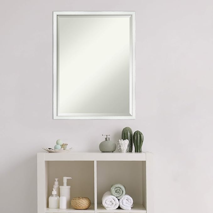 Amanti Art White Bathroom Mirror for Over Sink, 25x19 Breeze Distressed White Rectangle Vanity Mirror, Medium Country Rustic Wood Frame, Hangs Horizonally and Vertically, Bathroom Wall Decor, Beveled