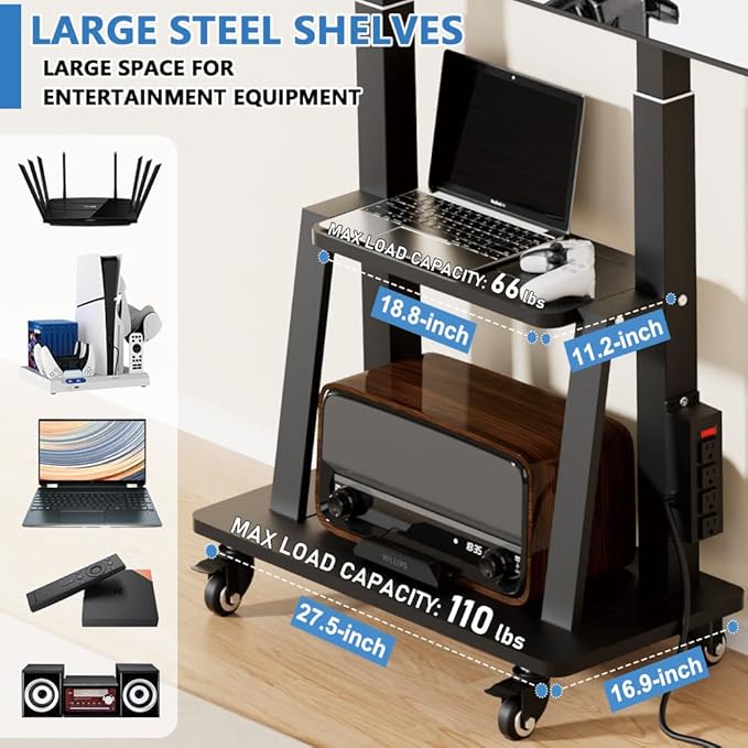 Mobile TV Cart with Power Outlet, Rolling TV Stand on Wheels for 32 to 65 70 75 83 inch TV, Height Adjustable,Holds up to 130LBS, Vesa 600×400mm.