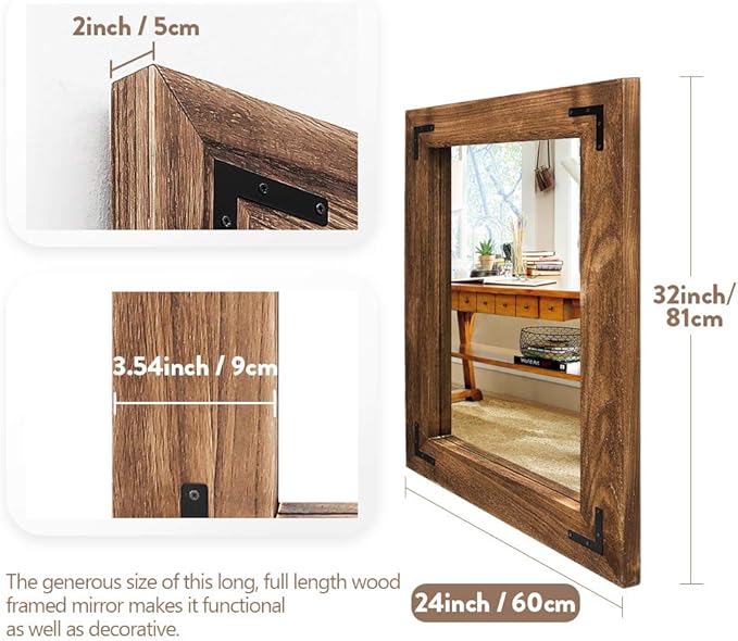 YOSHOOT Rustic Wooden Framed Wall Mirror, Natural Wood Bathroom Vanity Mirror for Farmhouse Decor, Vertical or Horizontal Hanging, 32" x 24", Brown