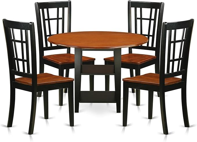 East West Furniture SUNI5-BCH-W 5 Piece Dining Room Furniture Set Includes a Round Dining Table with Dropleaf & Shelves and 4 Wood Seat Chairs, 42x42 Inch, Black & Cherry