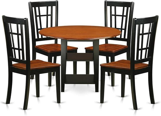 East West Furniture SUNI5-BCH-W 5 Piece Dining Room Furniture Set Includes a Round Dining Table with Dropleaf & Shelves and 4 Wood Seat Chairs, 42x42 Inch, Black & Cherry