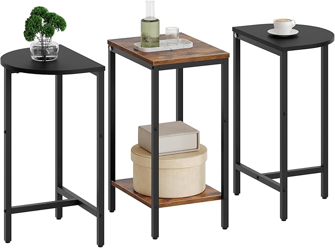 Small Side End Table, Nesting Side Table for Living Room, 2-Tier Nesting Side Table for Small Space, Wooden Sofe Tables Set of 3, Half Round End Table for Couch, Office, Brown and Black ET33BR