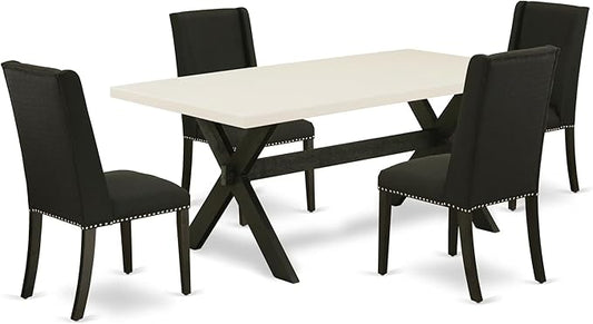 East West Furniture X627FL624-5 5 Piece Dining Set Includes a Rectangle Dining Room Table with X-Legs and 4 Black Linen Fabric Upholstered Parson Chairs, 40x72 Inch, Multi-Color