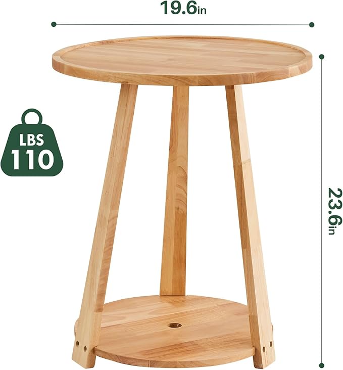 Round Solid Wood Side Table - Small Round Wooden End Table, Modern Living Room Side Beside Tables with Shelf for Couch Sofa Armchair Office Bedroom, Natural, 19.6 in x 19.6 in x 23.6 in