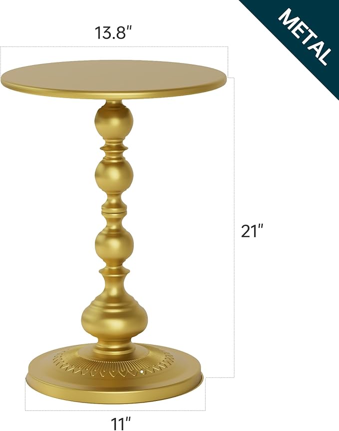 Metal Round Side Table, Small Drink Table for Small Spaces, Matte Modern Accent End Tables Coffee Tables, Pedestal Tables for Living Room, Bedroom, Corners, and Office, 21'' Height (Gold)