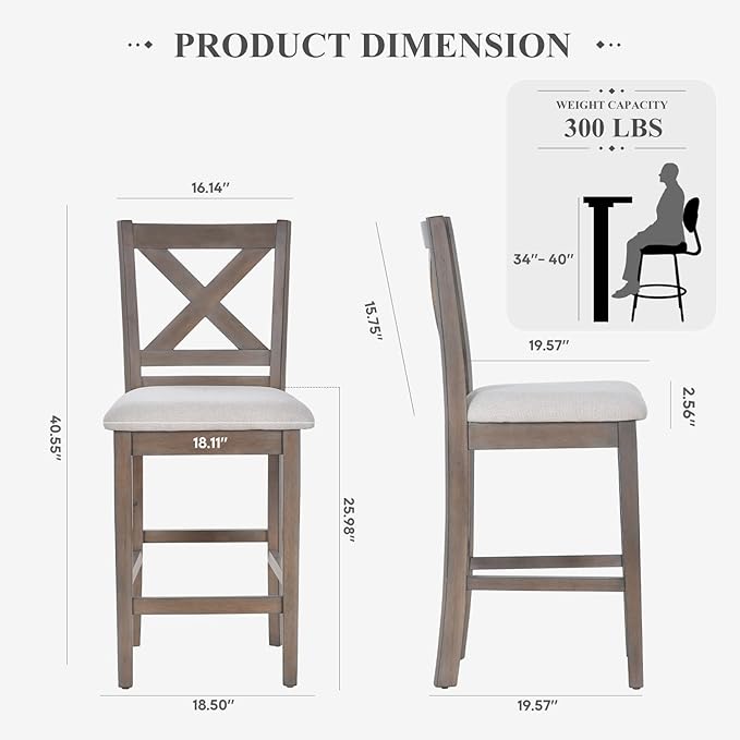 Upholstered Counter Height Bar Stools Set of 4, Modern Kitchen Island Barstools Chairs with Cross Back and Wood Legs for Dining Room Bar, Light Brown Wash