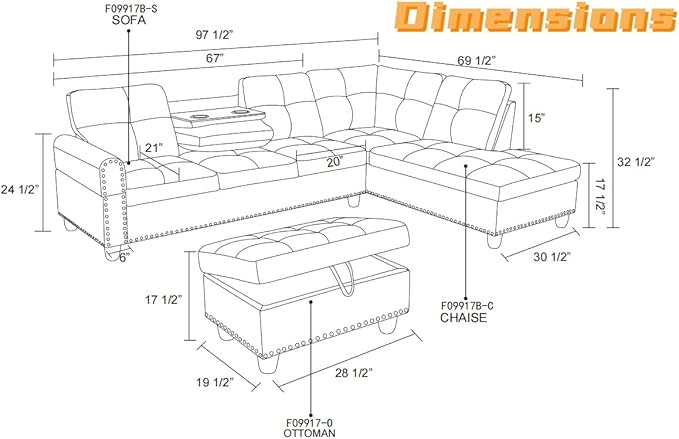 L Shaped Sectional Couch with Otttoman, 97" Sectional Sofa for Living Room Flannel Modular Couches with Cup Holders for Bedroom, Apartments, Purple