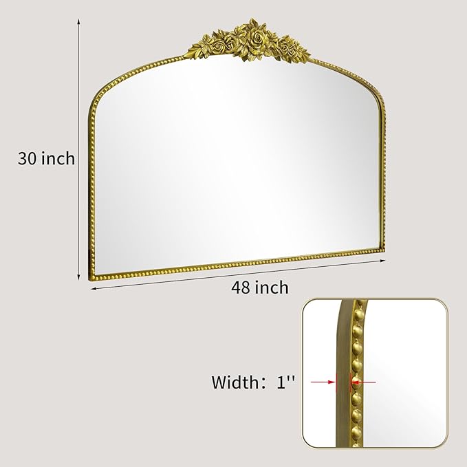Antique Gold Arch Wall Mirror, 48"x30" Traditional Vintage Mantel Mirror with Ornate Metal Frame, Baroque Victorian Mirror for Fireplace/Entryway/Bathroom/Living Room/Dining Room