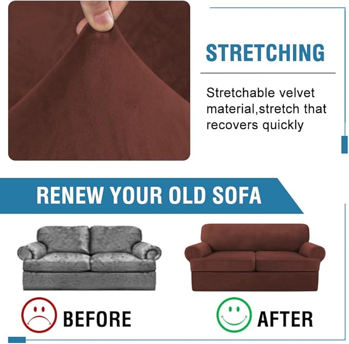 H.VERSAILTEX Sofa Cover 3 Piece T Cushion Loveseat Slipcovers Thick Velvet Couch Cover Stretch T Cushion Sofa Covers for 2 Cushion Couch with 2 Individual T Cushion Covers, Burnt Brick