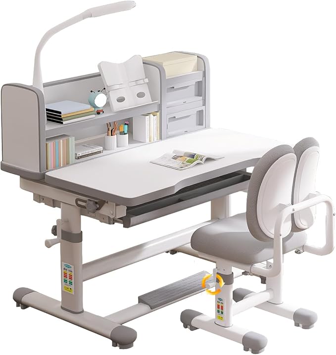 Kids Desk and Chair Set Kids Study Desk Chair Set Height Adjustable Ergonomic Children School Study Desk with Tilt Desktop, 3 Modes Light, Storage, Boy and Girl Table and Chair Set 3-18 Years