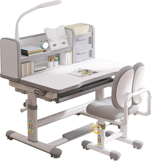 Kids Desk and Chair Set Kids Study Desk Chair Set Height Adjustable Ergonomic Children School Study Desk with Tilt Desktop, 3 Modes Light, Storage, Boy and Girl Table and Chair Set 3-18 Years