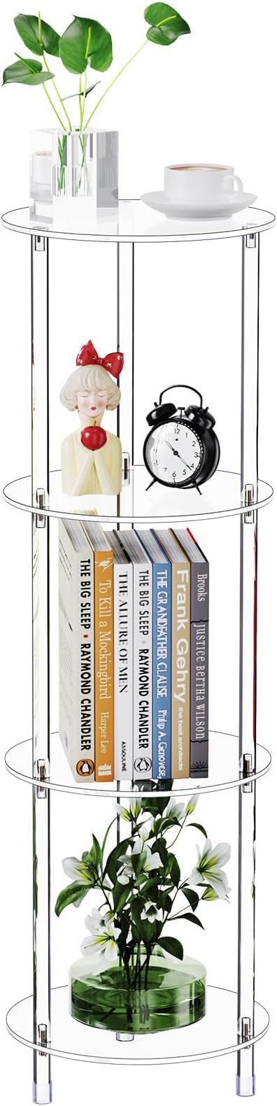 Clear Round Acrylic Side Table for Small Spaces, 11.81" L x 11.81" W x 38.7" H, 4 Tier Small Modern Drink End Table Nightstand, Minimalist Bedside Table for Living Room, Bedroom, Bathroom