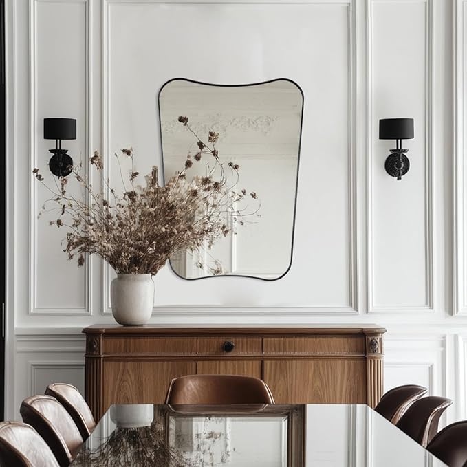 Black Bathroom Mirror, Black Vanity Mirror, 22x30 Irregular Shaped Mirror for Wall, Anti-Rust Metal Framed Wavy Mirror