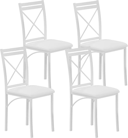 VECELO Metal Dining Chairs Set of 4, Steel Legs and PU Leather Cushion Seats for Kitchen, Living Room, White