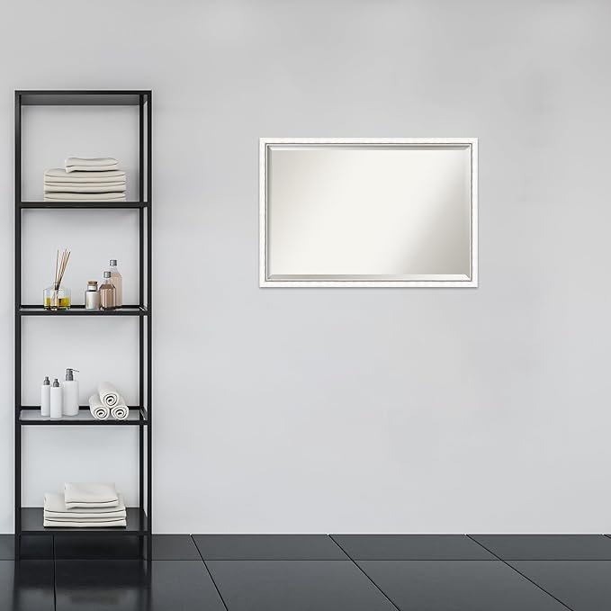 Amanti Art White Bathroom Mirror for Over Sink, 26x38 Morgan White Silver Rectangle Vanity Mirror, Large Modern Contemporary Wood Frame, Hangs Horizonally and Vertically, Bathroom Wall Decor, Beveled