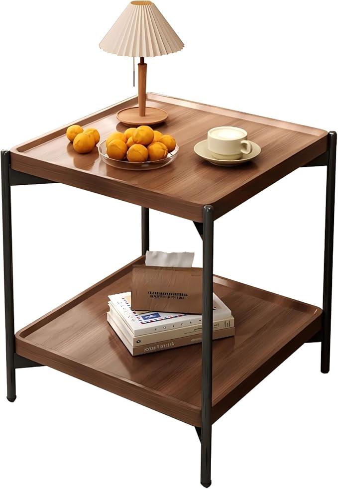 Solid Wood Nightstand with 2-Tier Storage Shelf - Versatile Bedside Table, Sofa Side Desk & Compact Coffee Table for Small Spaces, Space-Saving Design for Living Room/Bedroom (Walnut Finish)
