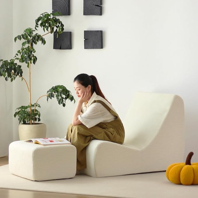 N&V Bean Bag Chair Single Seated Foam Sofa Armless Floor Sofa with High Density Foam Removable and Machine Washable Cover (White, Large, Corduroy Stripes)