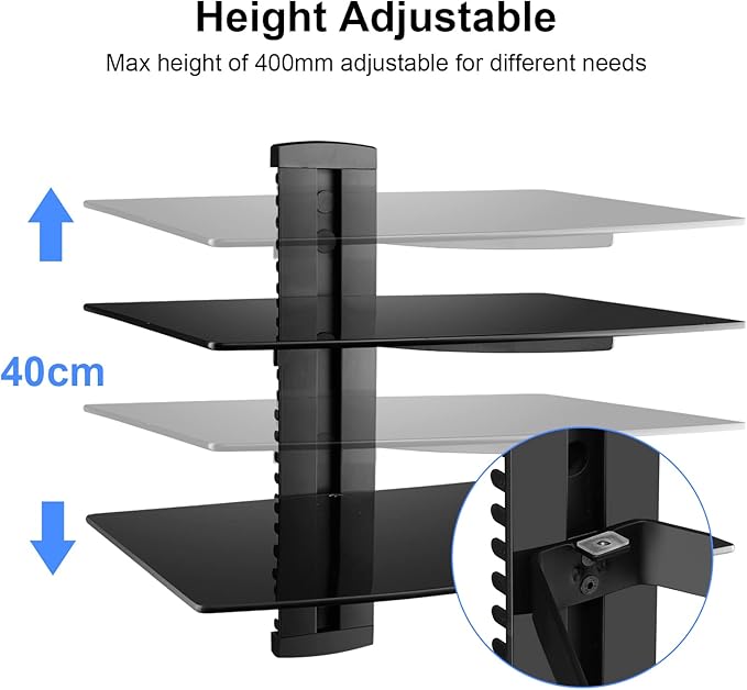 Suptek Glass Floating Shelves, TV Wall Mount with Shelf for DVD Player / PS4 / Cable Boxes/Game Consoles/Sky Box/TV Accessories, Flat Black 2-Tier Wall Mount Bracket