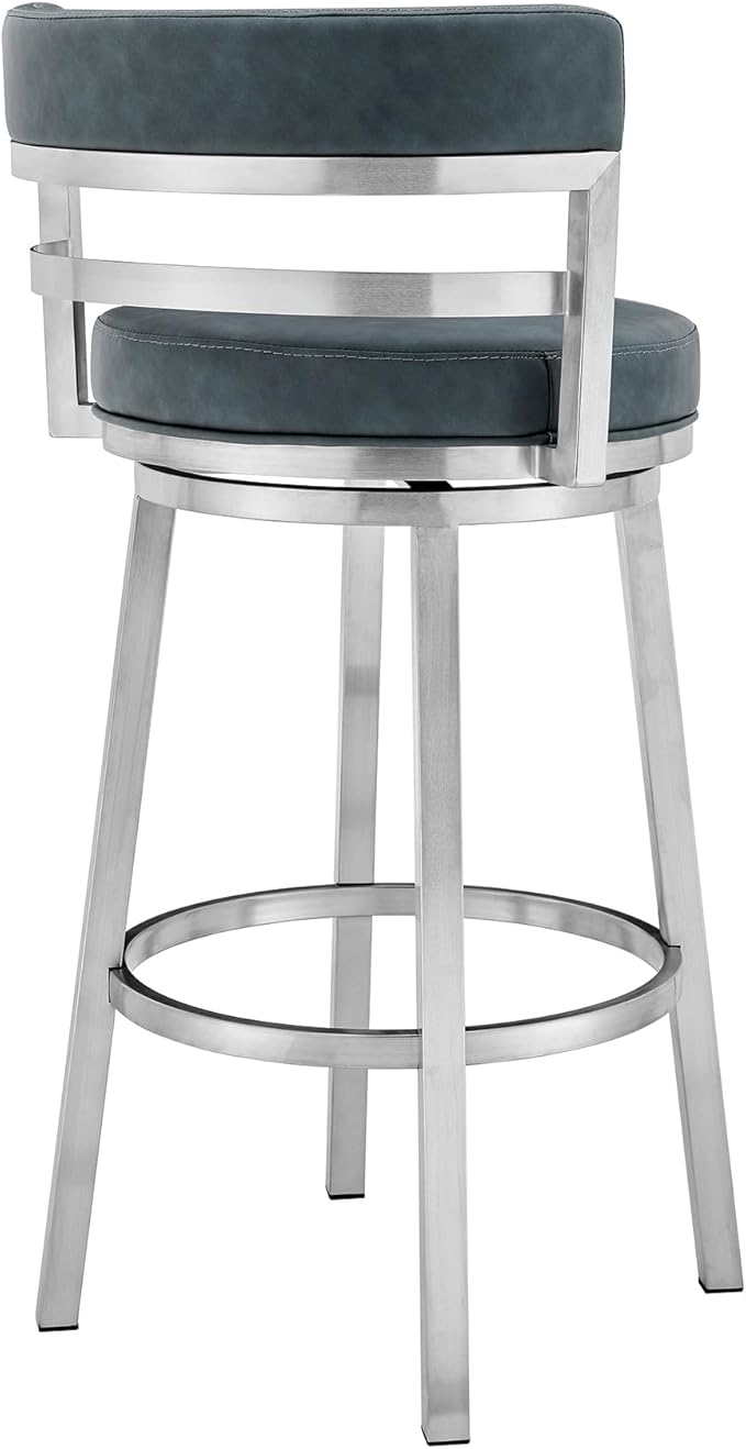 Armen Living Madrid 30" Seat Height Swivel Modern Blue Faux Leather and Brushed Stainless Steel Bar Stool for Kitchen Island Counter