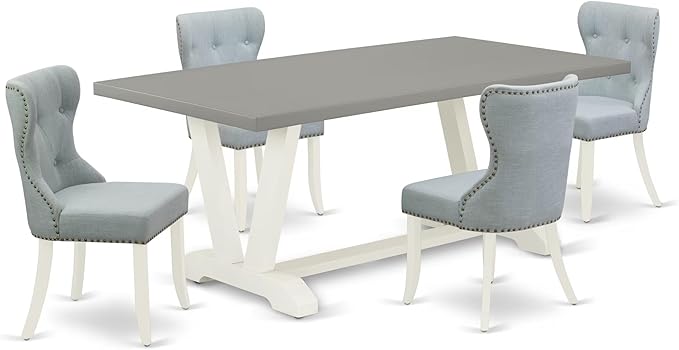 East West Furniture V097SI215-5 5 Piece Dining Table Set for 4 Includes a Rectangle Kitchen Table with V-Legs and 4 Baby Blue Linen Fabric Upholstered Chairs, 40x72 Inch, Multi-Color