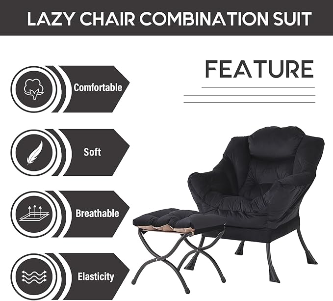 LITA Lazy Chair with Ottoman, Modern Accent Leisure Upholstered Sofa, Contemporary Lounge Reading Chair with Armrests and a Side Pocket for Living Room, Bedroom & Small Space, Black