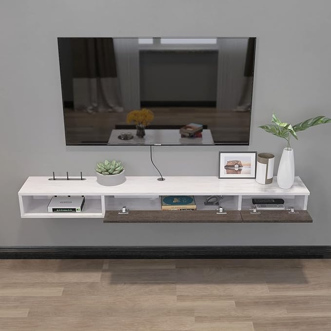 Pmnianhua Floating TV Shelf,70'' Wall Mounted Floating TV Stand Unit Media Console Wall TV Console Cabinet Media Entertainment Shelf with 2 Doors for TVs up to 75 inch (Greyish-White)