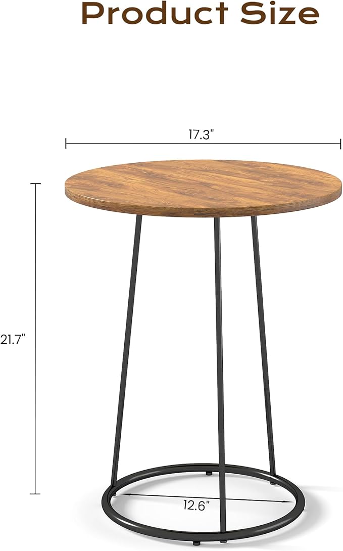 Manora Small Round Side Table, Rustic Brown Wood Accent Table with Metal Frame, Modern Farmhouse Bedside Nightstand for Bedroom and Office, Compact Furniture for Small Spaces