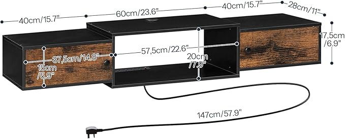 HOOBRO 55" Floating TV Stand with Power Outlet, Modern Wall Mounted Media Console Shelf Cabinet for Under TV Storage, Entertainment Center, Living Room, Bedroom, Rustic Brown and Black BF11DS01