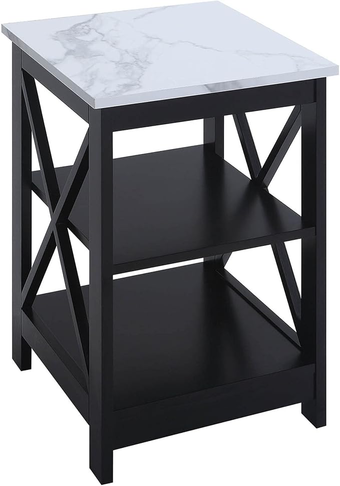 Convenience Concepts Oxford End Table 15.75" - Modern Living Room Table with Storage Shelves, Transitional Nightstand Side Table for Home Decor and Display, White Faux Marble/Black