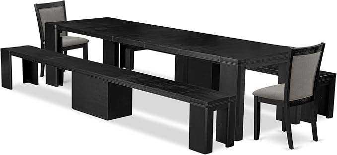 X02MZ-206-50 - 5-pc Dining Room Table Set a Rectangular Kitchen Table and 2 wooden Benches and 2 Dark Gotham Grey Linen Fabric Chairs, 39x120 Inch, Wire Brushed Black