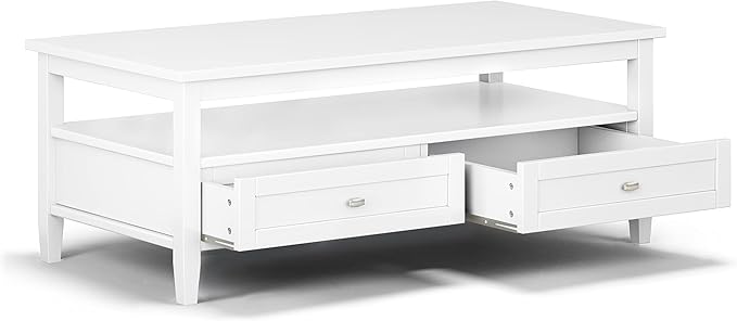 SIMPLIHOME Warm Shaker Coffee Table - 48 inch Wide Solid Wood Cocktail Table in White, Transitional Living Room Table with 2 Storage Drawers and Open Shelf for Sitting Area or Lounge