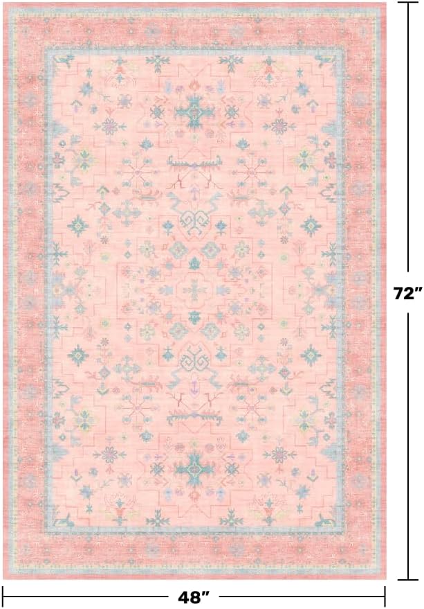 Nursery Area Rug 4x6 - Pink Rugs for Girls Bedroom, Living Room - Washable Low Pile Non-Slip Charming Boho Vintage Traditional Oushak Design, Perfect for Kids Rooms