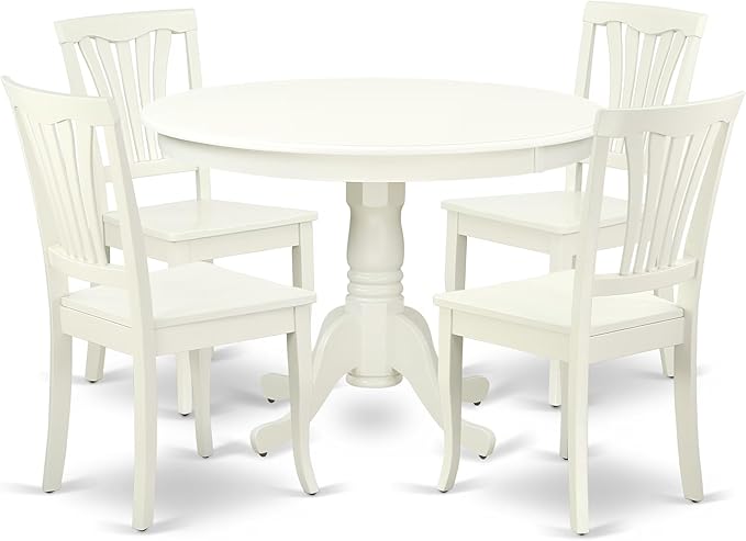 East West Furniture HLAV5-LWH-W 5 Piece Kitchen Table Set for 4 Includes a Round Dining Room Table with Pedestal and 4 Solid Wood Seat Chairs, 42x42 Inch, Linen White