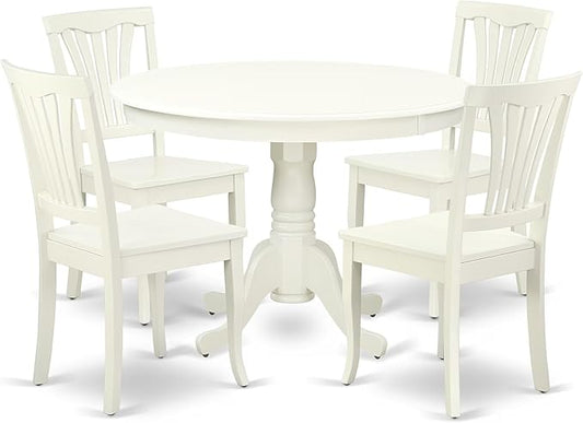 East West Furniture HLAV5-LWH-W 5 Piece Kitchen Table Set for 4 Includes a Round Dining Room Table with Pedestal and 4 Solid Wood Seat Chairs, 42x42 Inch, Linen White
