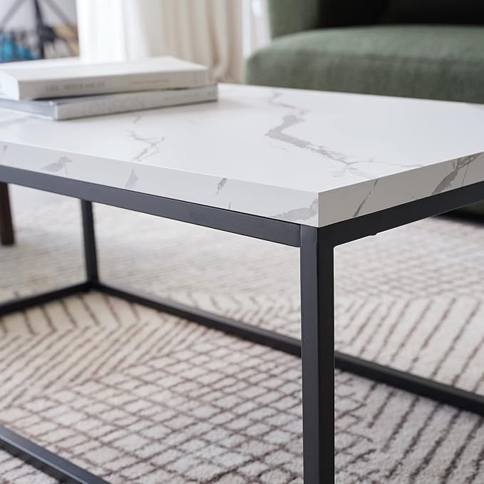 CENSI 40-Inch Marble Accent Coffee Table Ottoman for Living Room, Rectangle, Mid-Century Modern Industrial Style, Extra Thick Top, Wood and Metal (White Marble)