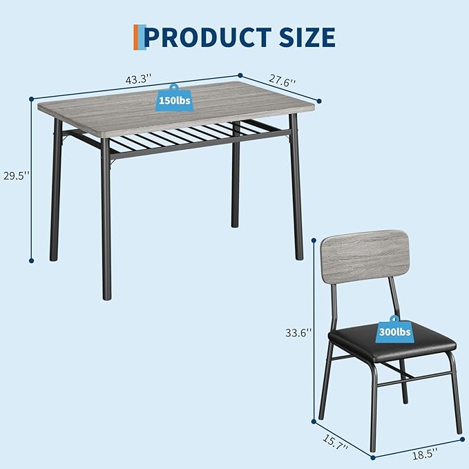 5-Piece Dining Table Set for 4, Wood Kitchen with Built-in Storage Rack, Small Kitchen Table with Upholstered Chairs and Metal Frame for Small Spaces, Gray