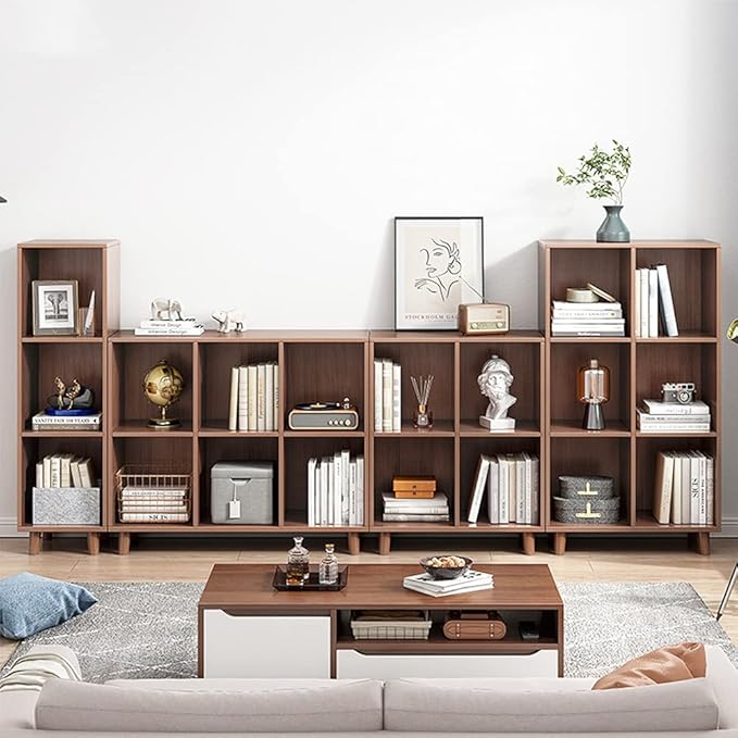 IOTXY Freestanding Open Cubes Bookcase - 2-Tier Floor Standing Wooden Storage Display Cabinet Organizer with Legs for Home Office, 6-Cubes Open Shelf Low Short Bookshelf, Walnut